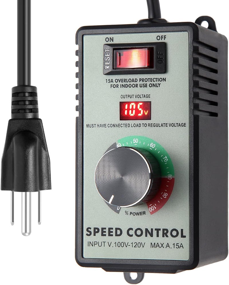 HARMNEE AC Motor Speed Controller 110-120V / 15A Max / 10A Rated Variable Fan Speed Controller AC Electronic Voltage Regulator with Overload Protection Switch & Voltage LED Display Screen - Image 1